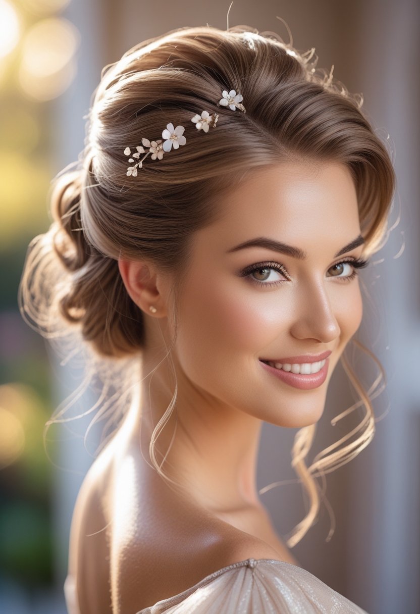 A young woman with an elegant updo hairstyle smiling softly against a softly blurred background.